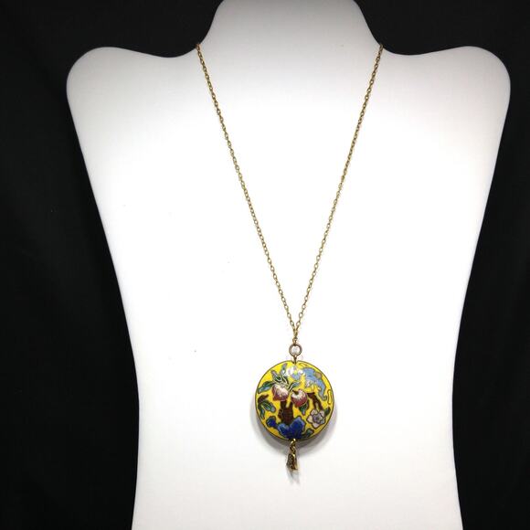 Vintage 1960s Cloisonné Yellow Enamel Puffy Pendant Necklace Floral Double Sided - Picture 5 of 10